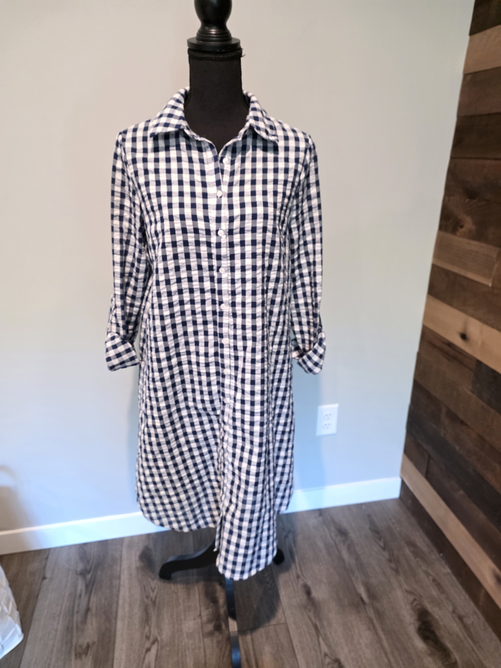 Lumiere Navy and White Gingham Button-Front Long Sleeve Dress